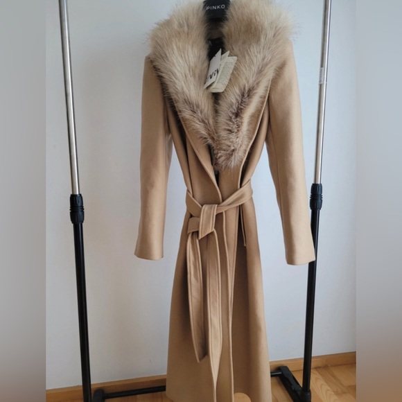 Zara coat wool blend 75% long camel belted rope trench fur collar Manteco - Picture 9 of 15